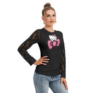 Custom Hello Kitty T-shirt with Black Lace Sleeves image 4