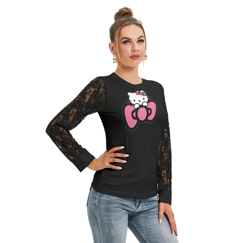 Custom Hello Kitty T-shirt with Black Lace Sleeves image 4