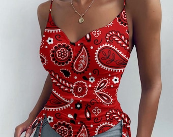Red Bandana Paisley Drawstring Spaghetti Strap Camisole