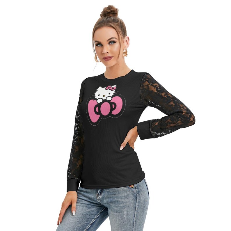 Custom Hello Kitty T-shirt with Black Lace Sleeves image 3
