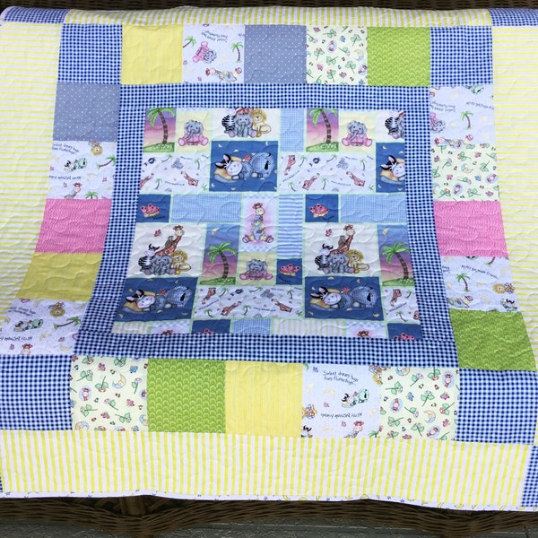 New Handmade Baby/Toddler Quilt made from Springs Creative Bazooples fabric baby animals wildlife theme nursery boy girl crib play mat