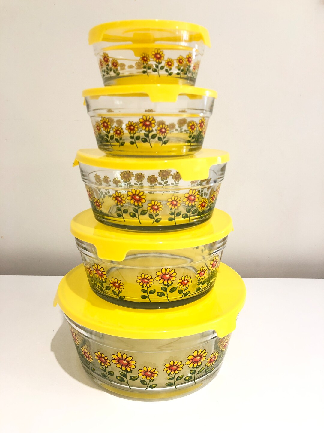 Vintage 5 Stacking Glass Bowls With Lids Flowers Vintage Etsy