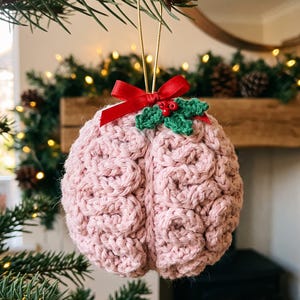 Peut inclure: Une décoration en crochet rose pâle en forme de cerveau avec une couture centrale verticale, surmontée d'un petit nœud en ruban satin rouge et d'un motif de houx en crochet vert avec trois petites perles rouges, suspendue par un cordon doré.