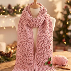 Peut inclure: Une écharpe crochetée rose clair présentant une texture en relief sinueuse rappelant un cerveau sur toute la surface. L'écharpe possède un ourlet côtelé à la base et comporte une petite décoration en crochet en forme de houx.
