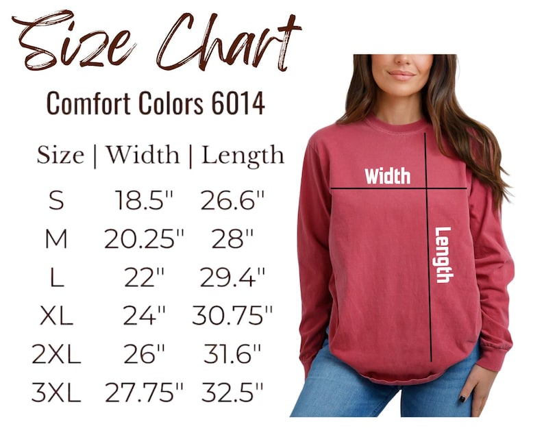 Pode incluir: Tabela de tamanhos para camisas de manga comprida Comfort Colors 6014. A tabela mostra as medidas de largura e comprimento em polegadas para os tamanhos S a 3XL.
