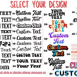 Pode incluir: Um gr&aacute;fico de design com 31 estilos e designs de texto diferentes. Os estilos de texto incluem v&aacute;rias fontes, cores e tamanhos. O gr&aacute;fico est&aacute; etiquetado como "Selecione o seu design".