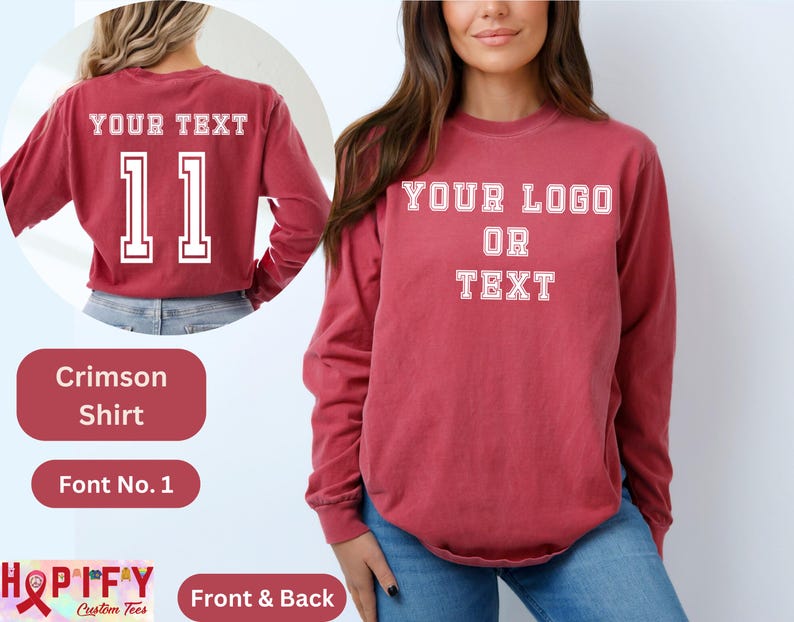 Pode incluir: Camiseta de manga comprida cor carmesim com texto branco que diz "YOUR TEXT" e "11" nas costas e "YOUR LOGO OR TEXT" na frente.