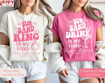 Sun sand beach bachelorette custom name comfort colors shirts, bridal party custom shirts, retro boho bachelorette shirts, bach favors gifts