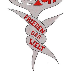May include: A gray and red stylized rose with the words "Rabeneck" and "Frieden der Welt" in red.