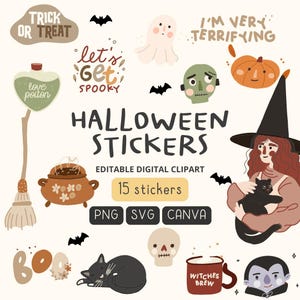 Spooky Halloween Digital Stickers Set for Print or GoodNotes, SVG & PNG Files, Editable Color in Canva, Vampire, Witch, Instant Download