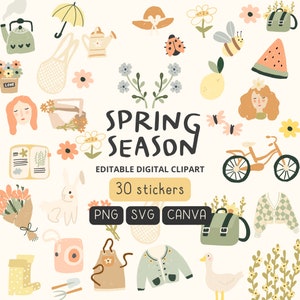 Puede incluir: Un conjunto de 30 pegatinas digitales de clipart con temática primaveral en formatos PNG, SVG y Canva. Las pegatinas presentan una variedad de imágenes, incluyendo flores, una regadera, una abeja, una mariquita, una bicicleta, una sandía, un conejo, un ganso, una regadera, un libro, una cesta, un sombrero, un par de botas, una cámara, un delantal, un suéter, una mochila y una niña con flores en el pelo. El texto "SPRING SEASON" aparece en el centro de la imagen.