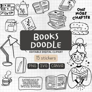 Puede incluir: Un conjunto de 15 ilustraciones digitales en blanco y negro de libros, lectura y objetos relacionados con los libros. Las ilustraciones incluyen una pila de libros, un libro con un marcapáginas, una lámpara, una taza de café, una persona leyendo un libro y el texto "Books Doodle".