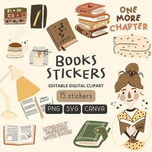 Puede incluir: Un conjunto de 15 pegatinas digitales de clipart con ilustraciones de libros, una lámpara, una vela, una taza de café y una persona leyendo un libro. Las pegatinas son de varios colores y estilos, y son perfectas para agregar un toque de fantasía a tus proyectos. El texto "Books Stickers" está escrito en una fuente grande en la parte superior de la imagen. El texto "Editable Digital Clipart" está escrito en una fuente más pequeña debajo del título. El texto "15 stickers" está escrito en una fuente más pequeña debajo del título. El texto "PNG SVG CANVA" está escrito en una fuente más pequeña debajo del título. El texto "LITERALLY OBSESSED WITH BOOKS" está escrito en una fuente más pequeña debajo del título. El texto "ONE MORE CHAPTER" está escrito en una fuente más grande en la parte superior de la imagen.