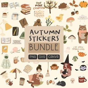 Puede incluir: Un conjunto de pegatinas de temática otoñal con ilustraciones de libros, café, una bruja, un oso, una calabaza y mucho más. Las pegatinas son perfectas para añadir un toque de otoño a tu agenda, diario o portátil. El texto "Autumn Stickers Bundle" está escrito en una caja marrón en la parte superior de la imagen. El texto "PNG SVG CANVA" está escrito en una caja marrón en la parte inferior de la imagen.