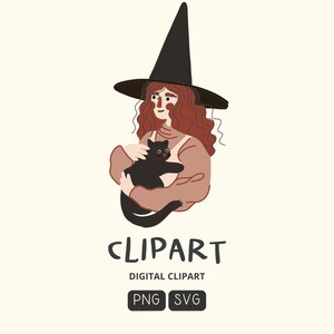 Puede incluir: Ilustración de clipart digital de una persona con cabello rojo que usa un sombrero de bruja negro y sostiene un gato negro. La imagen incluye el texto "CLIPART" y "CLIPART DIGITAL" con opciones de tipo de archivo PNG y SVG.