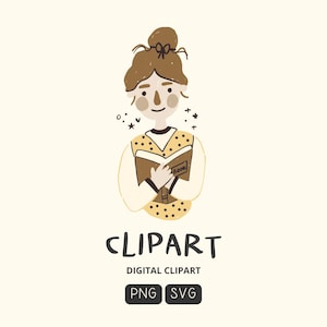 Puede incluir: Una imagen de clipart digital de una niña con cabello castaño y un vestido amarillo con lunares que sostiene un libro que dice "Book" en la portada. La imagen está sobre un fondo blanco e incluye el texto "Clipart" y "Digital Clipart" en texto negro. La imagen también incluye las palabras "PNG" y "SVG" en texto negro sobre botones blancos.