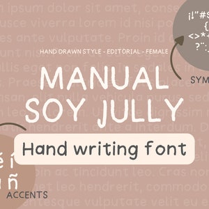 Puede incluir: Un fondo rosa con texto blanco que dice "MANUAL SOY JULLY" en una fuente de escritura a mano. El texto está rodeado de otro texto en una fuente más pequeña. Debajo del texto hay un círculo con las palabras "Hand writing font" y otro círculo con las palabras "ACCENTS" y las letras "áéíóún".