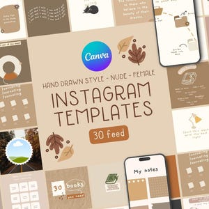 Puede incluir: Un conjunto de plantillas de Instagram dibujadas a mano en un estilo nude y femenino. El diseño incluye plantillas para journaling, rutinas diarias y notas. El logotipo de Canva es visible, junto con el texto "30 feed".