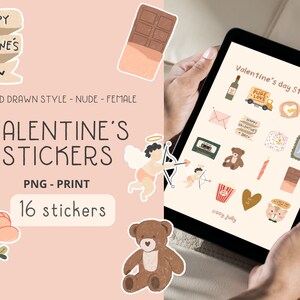 Puede incluir: Una tableta digital que muestra 16 pegatinas del Día de San Valentín en un estilo dibujado a mano. Las pegatinas incluyen un corazón, un osito de peluche, una barra de chocolate, un ramo de flores y un cupido con una flecha. El texto "Valentine's day Stickers" está en la parte superior de la pantalla.