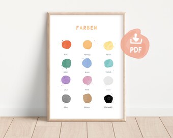 May include: A printable color chart with the German words for colors, including red, orange, yellow, green, blue, turquoise, purple, pink, white, gray, brown, and black.