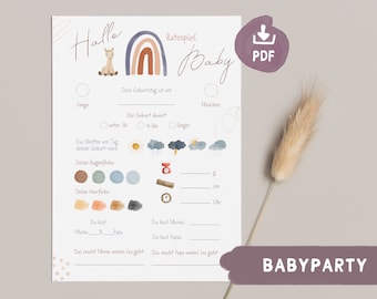 Babyparty Spiel Karte, Babyshower Tippkarte Regenbogen Lama, Ratekarte Wünsche Ausfüllkarten,  Babyparty Spiel deutsch zum ausdrucken