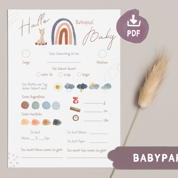 Baby shower spelkaart, baby shower tipkaart regenbooglama, gokkaart wensen vulkaarten, babyshowerspel in het Duits om af te drukken