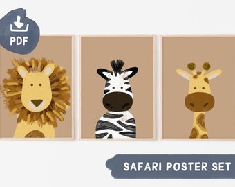 Poster Nursery Animals | Zebra, lion, giraffe | Animal Posters | Wall decoration children's room Safari I Poster Children Download
