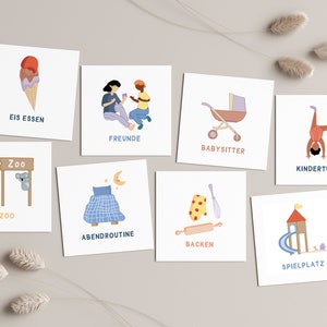 May include: Eight illustrated cards with German words and images. The cards depict activities like eating ice cream, playing with friends, babysitting, gymnastics, going to the zoo, bedtime routine, baking, and playing at the playground.