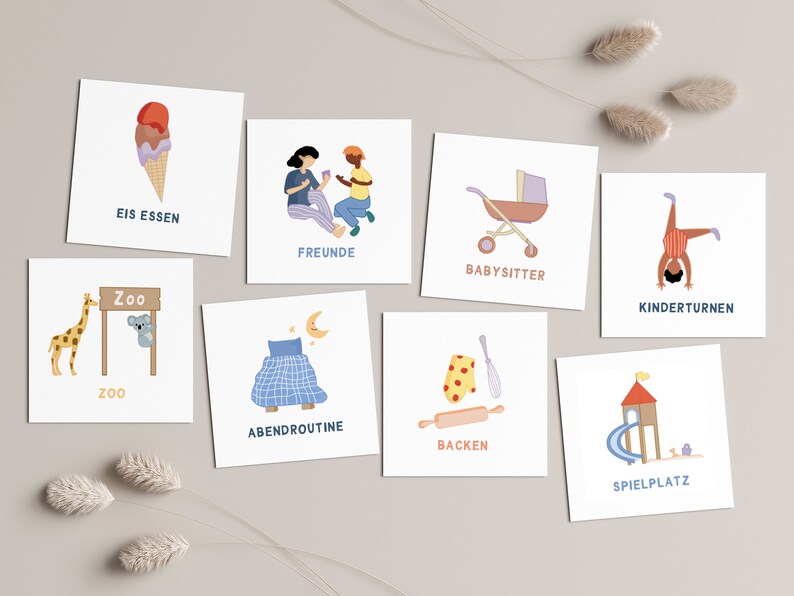May include: Eight illustrated cards with German words and images. The cards depict activities like eating ice cream, playing with friends, babysitting, gymnastics, going to the zoo, bedtime routine, baking, and playing at the playground.