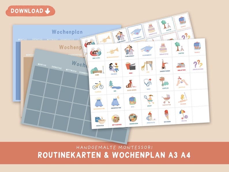 May include: A set of printable Montessori routine cards and a weekly schedule in German. The cards feature colorful illustrations of activities like brushing teeth, reading, and playing outside. The schedule is a grid with days of the week and spaces for activities.