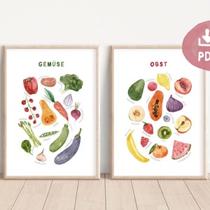 Lernposter Set Obst Gemüse | Montessori Poster deutsch | Wanddeko Kinderzimmer | digital PDF