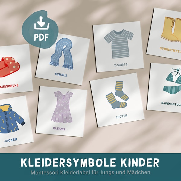 Kledingkastlabels voor kinderen, Montessori-organisatie, kledingsymbolen om uit te printen