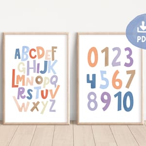 Dúo de carteles de aprendizaje Montessori, números y letras, decoración de pared para habitación infantil, descarga digital PDF
