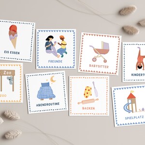 May include: Set of 8 illustrated cards with German words and images. The cards feature activities like eating ice cream, playing with friends, babysitting, gymnastics, going to the zoo, bedtime routine, baking, and playing at the playground.