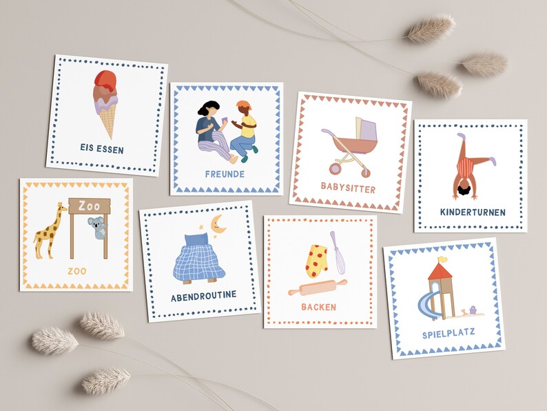 May include: Set of 8 illustrated cards with German words and images. The cards feature activities like eating ice cream, playing with friends, babysitting, gymnastics, going to the zoo, bedtime routine, baking, and playing at the playground.