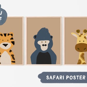 Juego de 3 pósteres para guardería Safari | Tigre, gorila, jirafa I Descarga digital