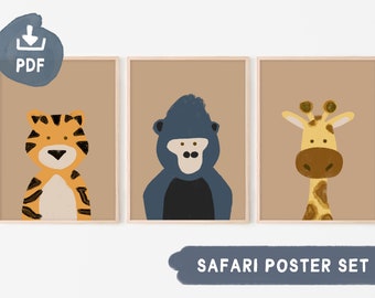 Safari Nursery Posters Set of 3 | Tiger, Gorilla, Giraffe I Digital Download