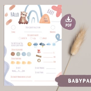 Babyparty Spiel Karte, Babyshower Tippkarte Boho Faultier, Ratekarte mit Name Wünsche Ausfüllkarten,  Babyparty Spiel deutsch zum ausdrucken