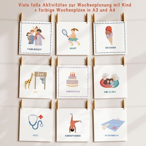 May include: Nine colorful cards with illustrations and German text. The cards are hung on a clothesline with clothespins. The cards feature activities like family time, sports, ice cream, zoo, birthday, grandma and grandpa, doctor, gymnastics, and swimming pool.