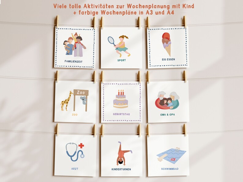 May include: Nine colorful cards with illustrations and German text. The cards are hung on a clothesline with clothespins. The cards feature activities like family time, sports, ice cream, zoo, birthday, grandma and grandpa, doctor, gymnastics, and swimming pool.