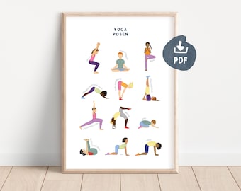 Yoga Poster Kinder | Kinderyoga Deko Kinderzimmer | Yoga Posen deutsch | Lernposter zum Ausdrucken | PDF Digitaler Download