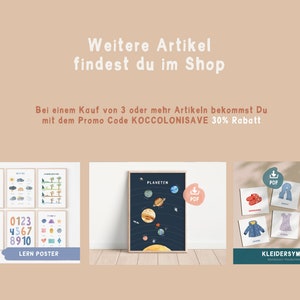 May include: A set of six colorful educational posters for children. The posters feature the alphabet, numbers, shapes, and planets. The posters are available as a PDF download. The text on the image reads "6ER SET", "LERN POSTER", "PLANETEN", "KLEIDERSYMBOLE KINDER", and "DOWNLOAD".