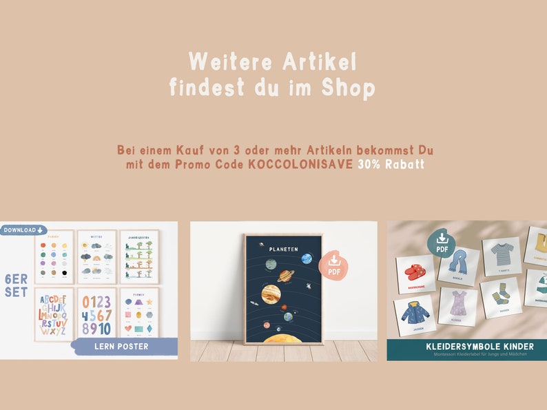 May include: A set of six colorful educational posters for children. The posters feature the alphabet, numbers, shapes, and planets. The posters are available as a PDF download. The text on the image reads "6ER SET", "LERN POSTER", "PLANETEN", "KLEIDERSYMBOLE KINDER", and "DOWNLOAD".