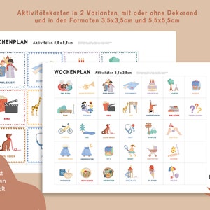May include: Two printable weekly planner templates with colorful illustrations of activities for kids. The templates are available in two sizes: 5.5 x 5.5 inches and 3.5 x 3.5 inches. The text on the template reads "Wochenplan" which is German for "Weekly Planner".