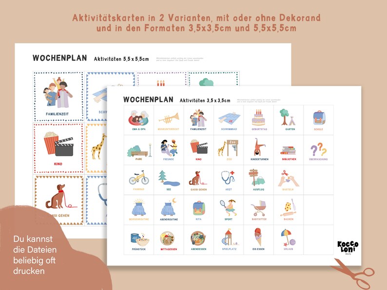 May include: Two printable weekly planner templates with colorful illustrations of activities for kids. The templates are available in two sizes: 5.5 x 5.5 inches and 3.5 x 3.5 inches. The text on the template reads "Wochenplan" which is German for "Weekly Planner".