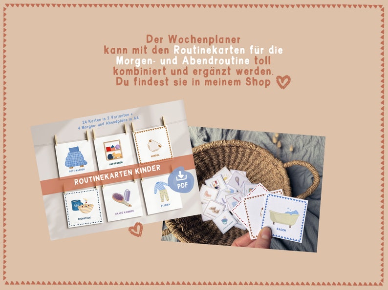 May include: A set of colorful routine cards for children, featuring illustrations of activities like getting dressed, brushing teeth, and taking a bath. The cards are printed on white paper and have a blue and white border. The text on the cards reads "Routine Cards for Kids" and "PDF Download".