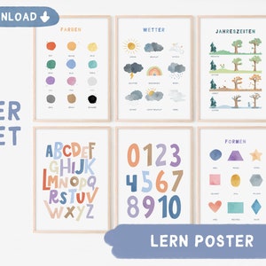 Póster de aprendizaje SET Niños Alemán | Juego de 6 pósteres para habitación infantil Números ABC | montessori digitales