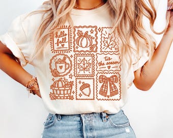 Comfort Colors Autumn Patchwork Doodle Tee,  Hello Fall T-Shirt, Tis the Season Pumpkin Shirt, Women's Cozy Season Gift