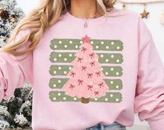Pink Christmas Tree Sweatshirt, Holiday Striped Crewneck, Women's Retro Festive Sweater, Trendy Pink Christmas Pullover, Cozy Holiday