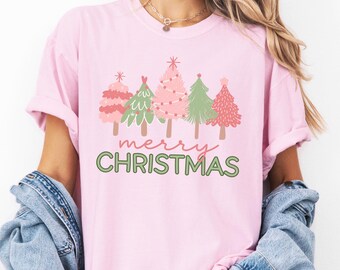 Comfort Colors Pink Tree Christmas Shirt, Pink Christmas Tee, Merry Christmas Pink Tree Tshirt, Womens Holiday Shirt, Festive Christmas Gift